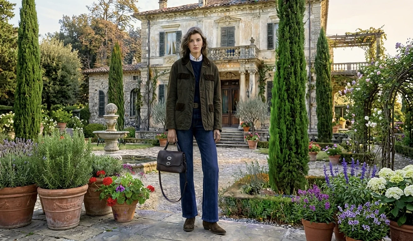 Look donna con giacca e borsa in un giardino italiano