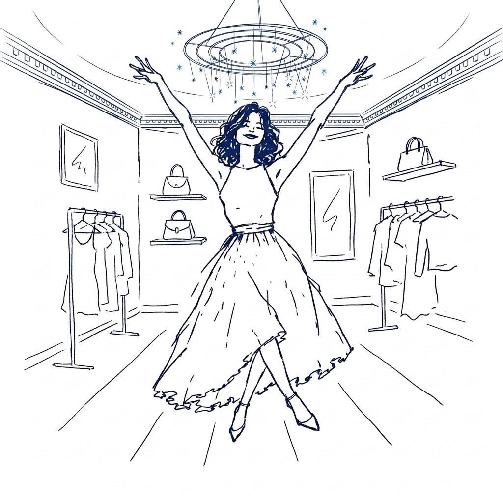 Illustrazione a penna blu di una donna con le braccia alzate nella boutique, sotto il lampadario ad anelli